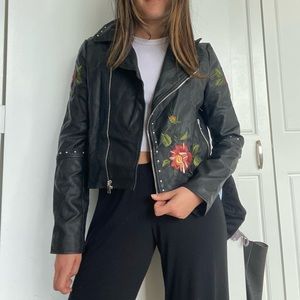 Forever21 Embroidered Vegan Leather Jacket, S